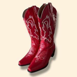 Cherry Red Mid Calf Western Cowboy Boots